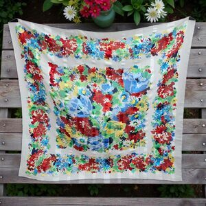 Vintage 80s Womens Square Large Scarf White Floral Sheer Boho Retro Grannycore